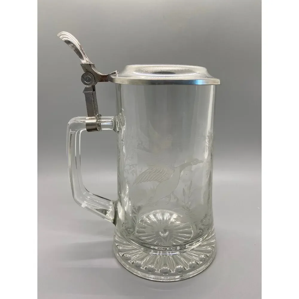 Glass Etched Duck and Pond Scene Metal Lid Stein